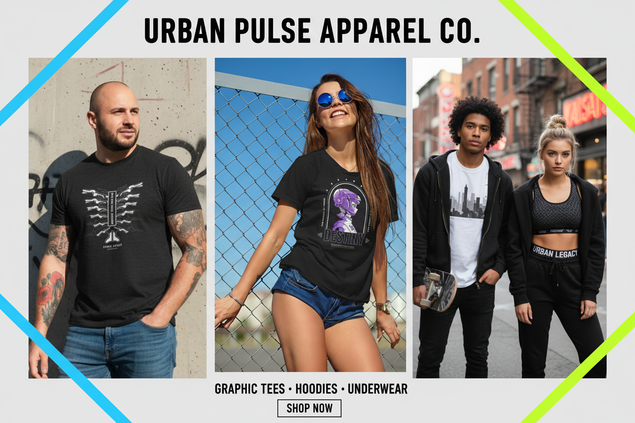 Banner profesional para tienda de camisetas gráficas y ropa casual