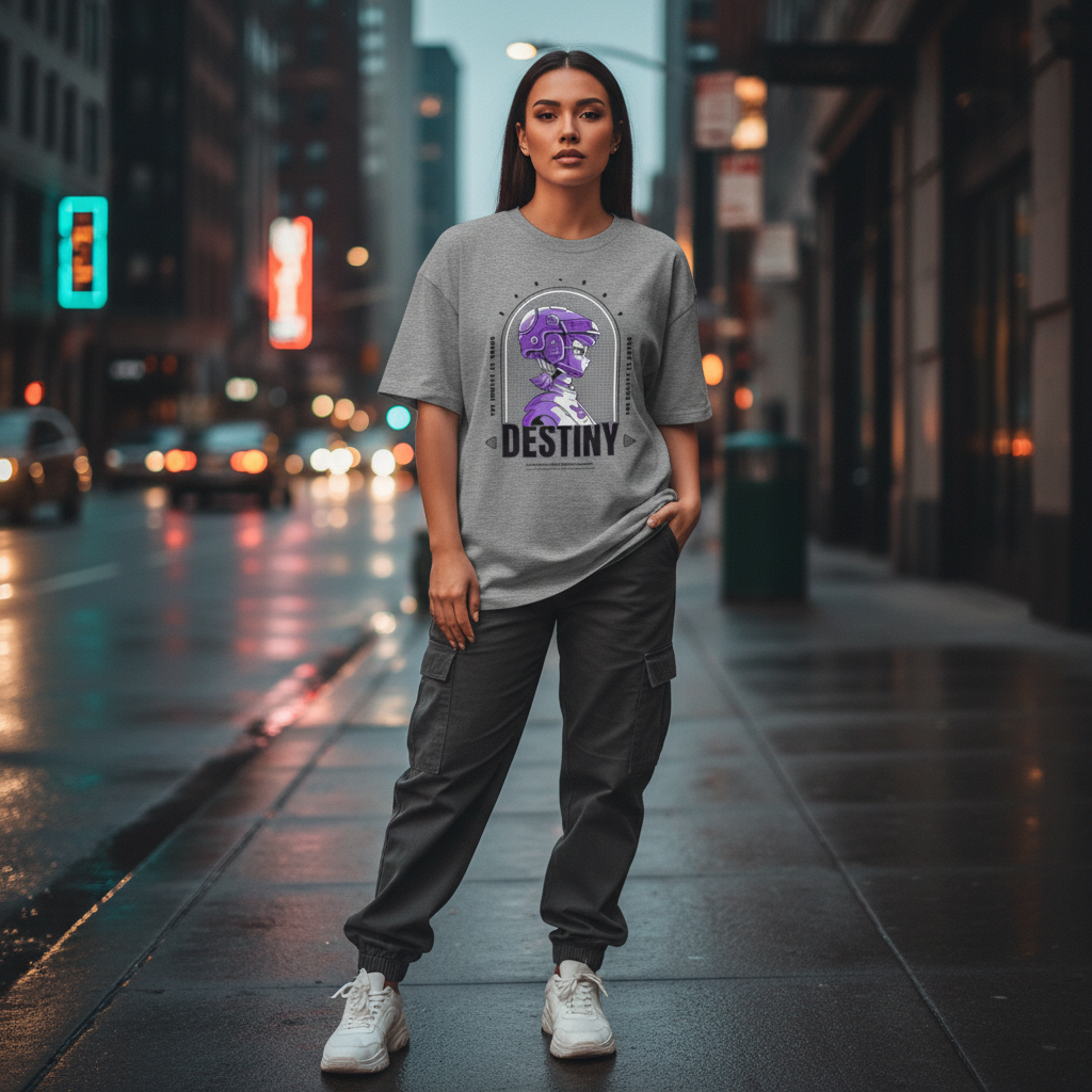 Destiny Sci‑Fi Helmet Tee — Retro Purple Cyberpunk Gamer T‑Shirt