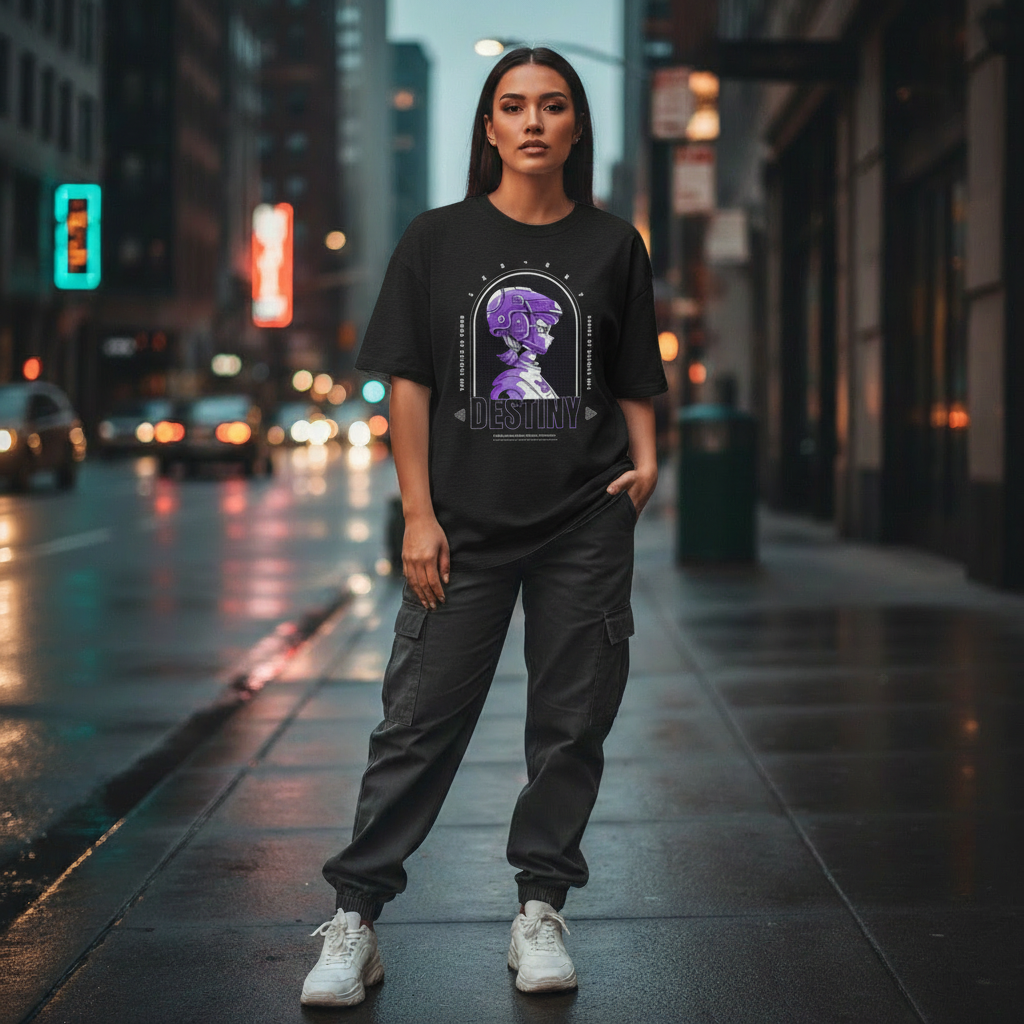 Destiny Sci‑Fi Helmet Tee — Retro Purple Cyberpunk Gamer T‑Shirt