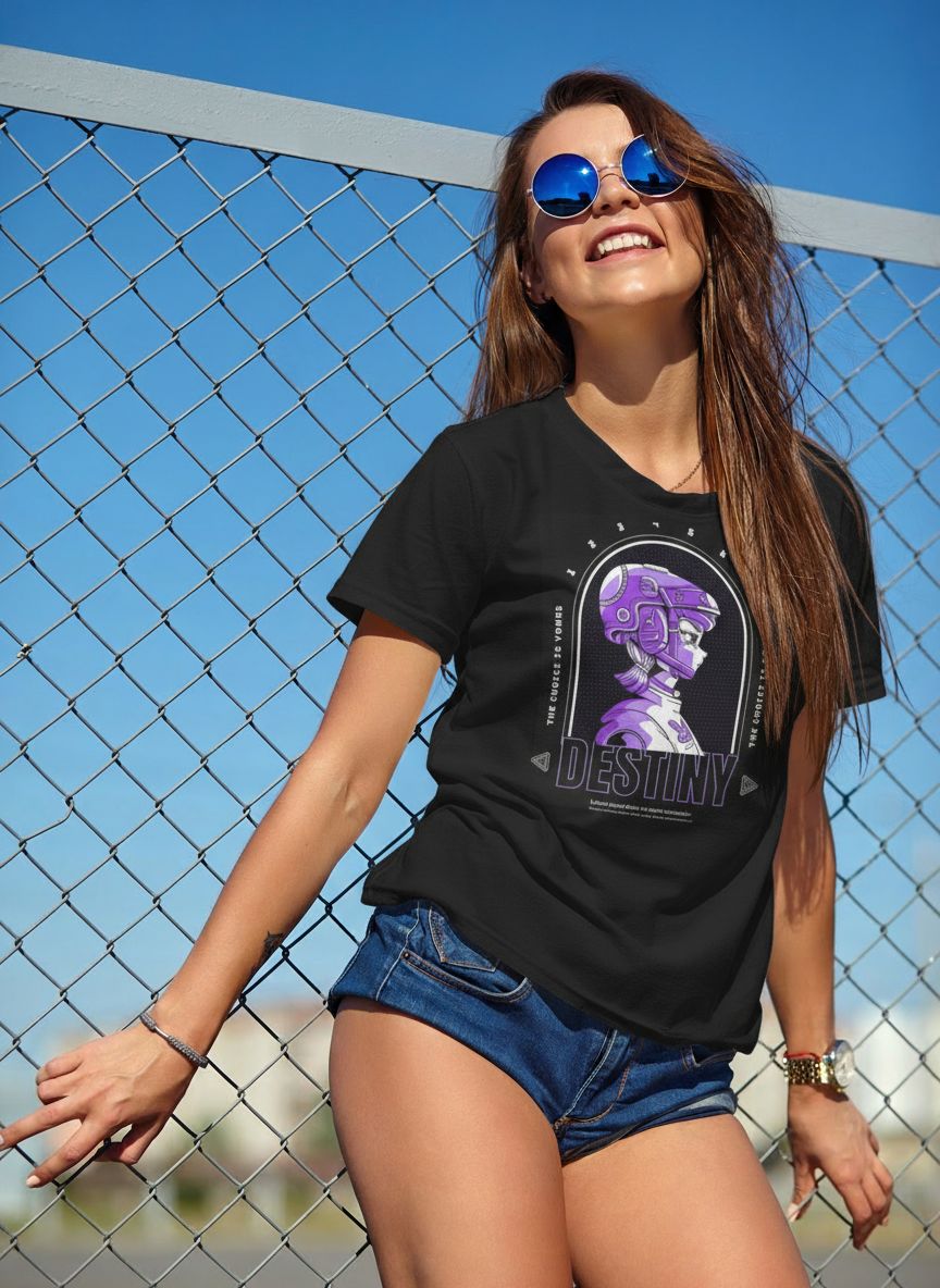 Destiny Sci‑Fi Helmet Tee — Retro Purple Cyberpunk Gamer T‑Shirt